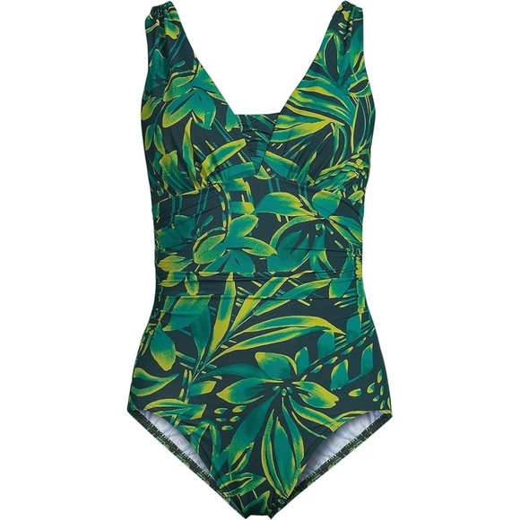 Lands End Plus Size 16 Tummy Ruched One Piece Lined Swimsuit Green Floral - Picture 1 of 12